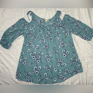 Misia Dusty Blue and White Floral cold shoulder blouse